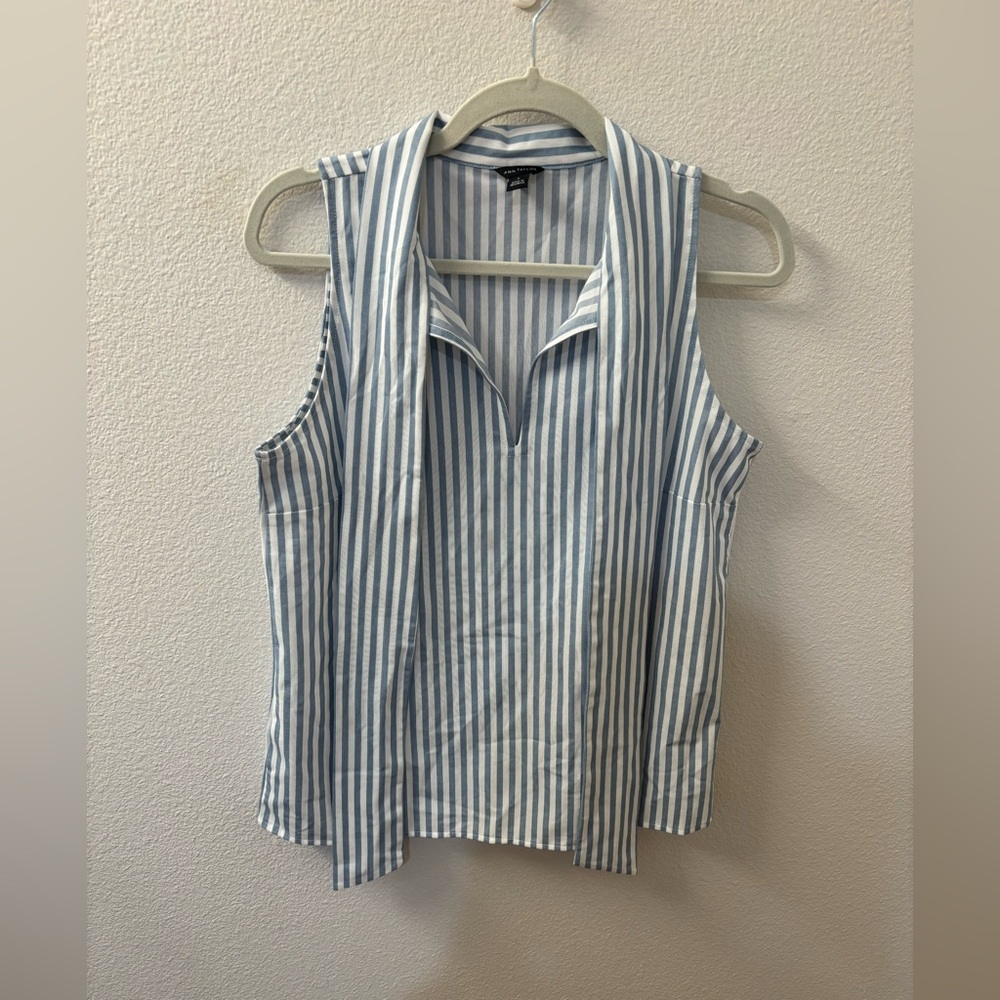 Ann Taylor Blue White Striped Tie Neck Sleeveless Blouse Work Top S - Picture 2 of 5